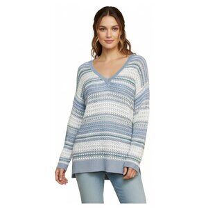 White House Black Market Open Knit Sweater Blue White Striped Lightweight Size M